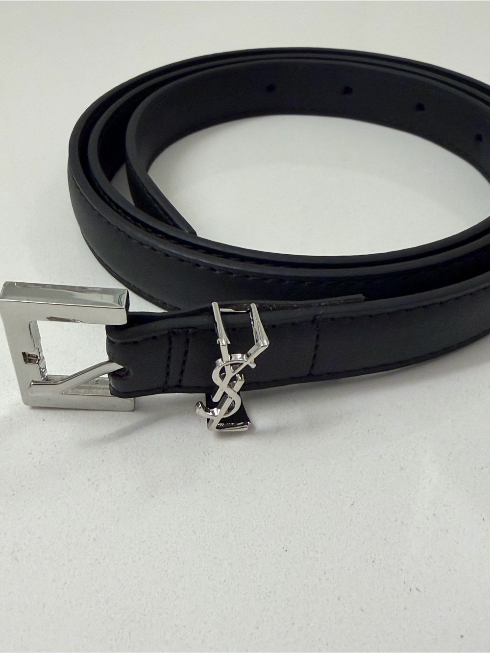Saint Laurent YSL Black Leather Belt Silver Buckle Logo